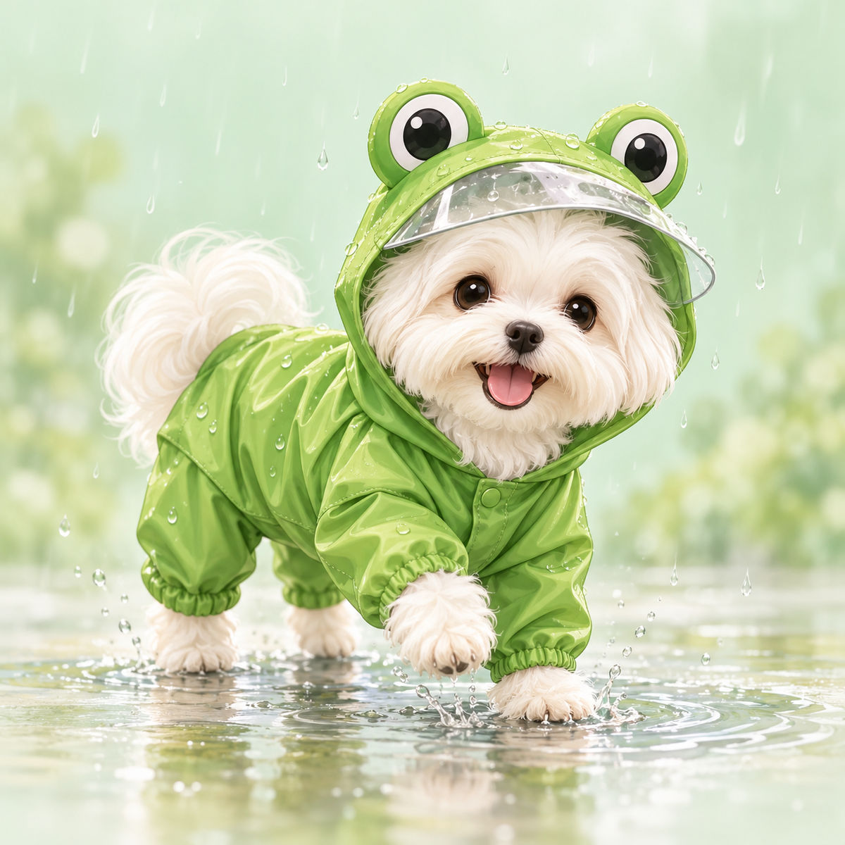 Ilustración de un perrito blanco con impermeable de ranita verde